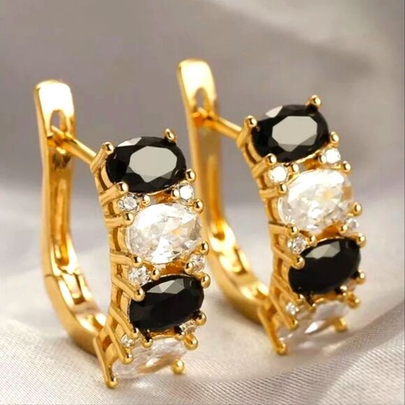Black & White Diamond Hoop Earrings 18K Yellow Gold On 925 Silver - Picture 1 of 4
